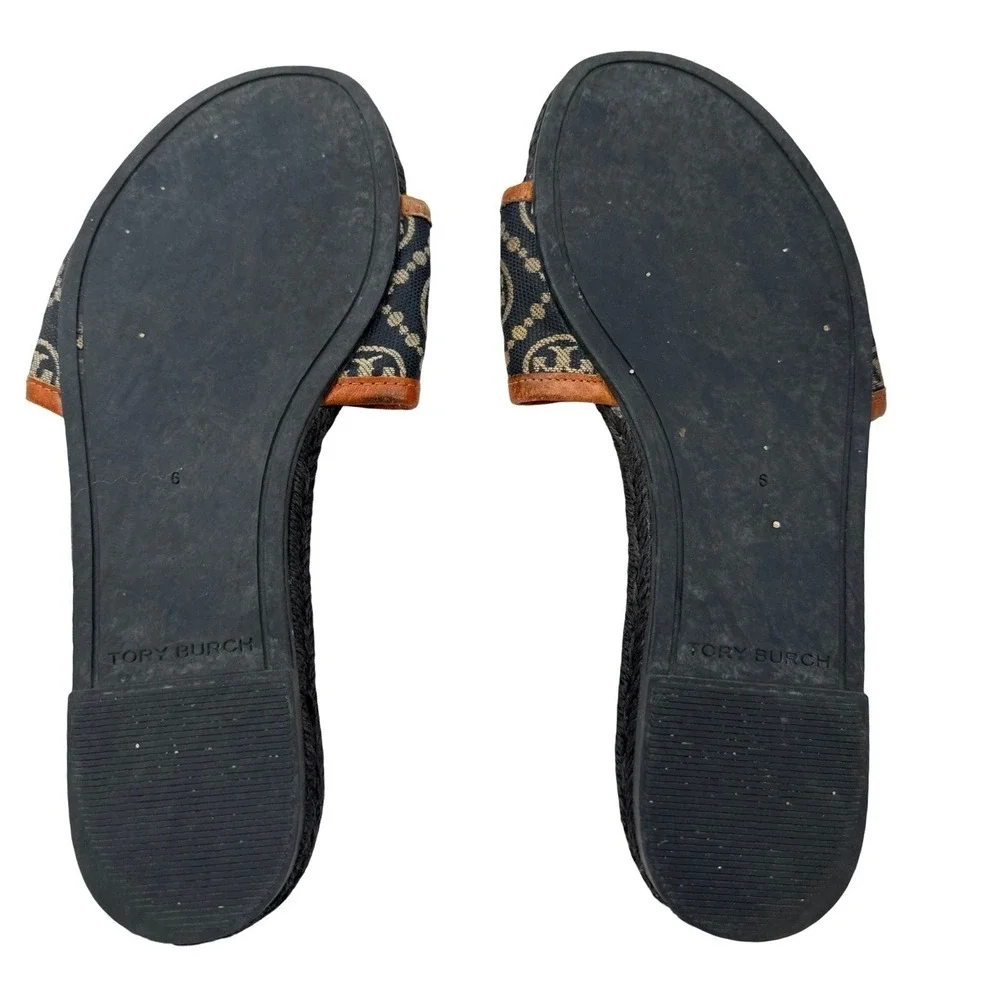 Tory Burch T Monogram‎ Espadrille Slides Size 6 Logo Sandals Navy Tan